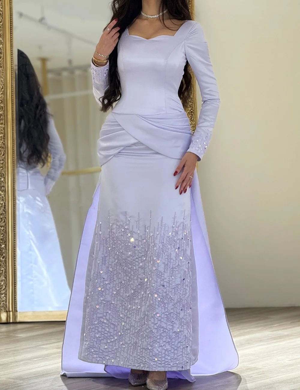 

Customized Matching Charmeuse Pleat Sequined Mermaid Square Neck Long Dresses Bespoke Occasion Evening Sparkle