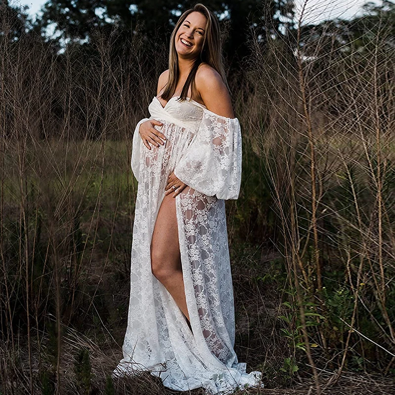 

Maternity Dress Soft Stretchy Lace Off Shoulder Doubly Split A line Skirt Pregnancy Maxi Gown for Photoshoot