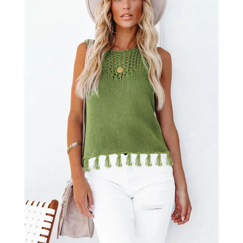 

2026 Summer Cross-border New European and American Women's Round-neck Fashionable Handcrafted Tassel Cutout Vest Knitted Sweater