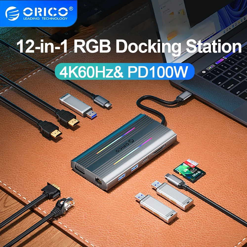 

ORICO Docking Station USB C HUB Type C to HDMI-compatible 4K60Hz PD100W USB3.0 RJ45 SD Card Reader for Macbook Pro Pc Laptops