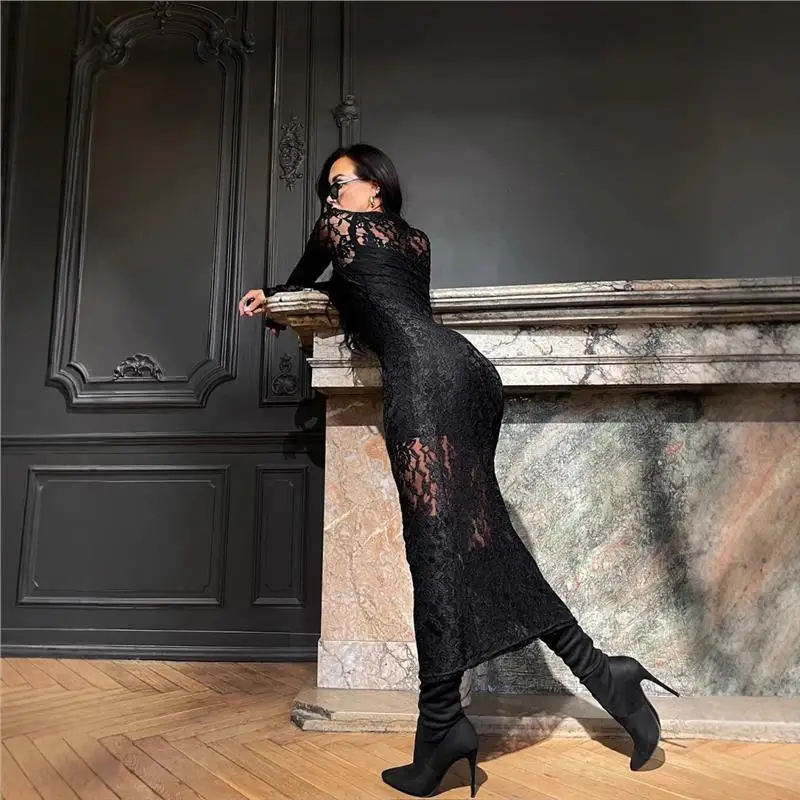 Slim Fit évider rond Ne dentelle moulante Dr Sexy Transparent Transparent jupe longue taille haute t-shirt fibre d'acétate 00%