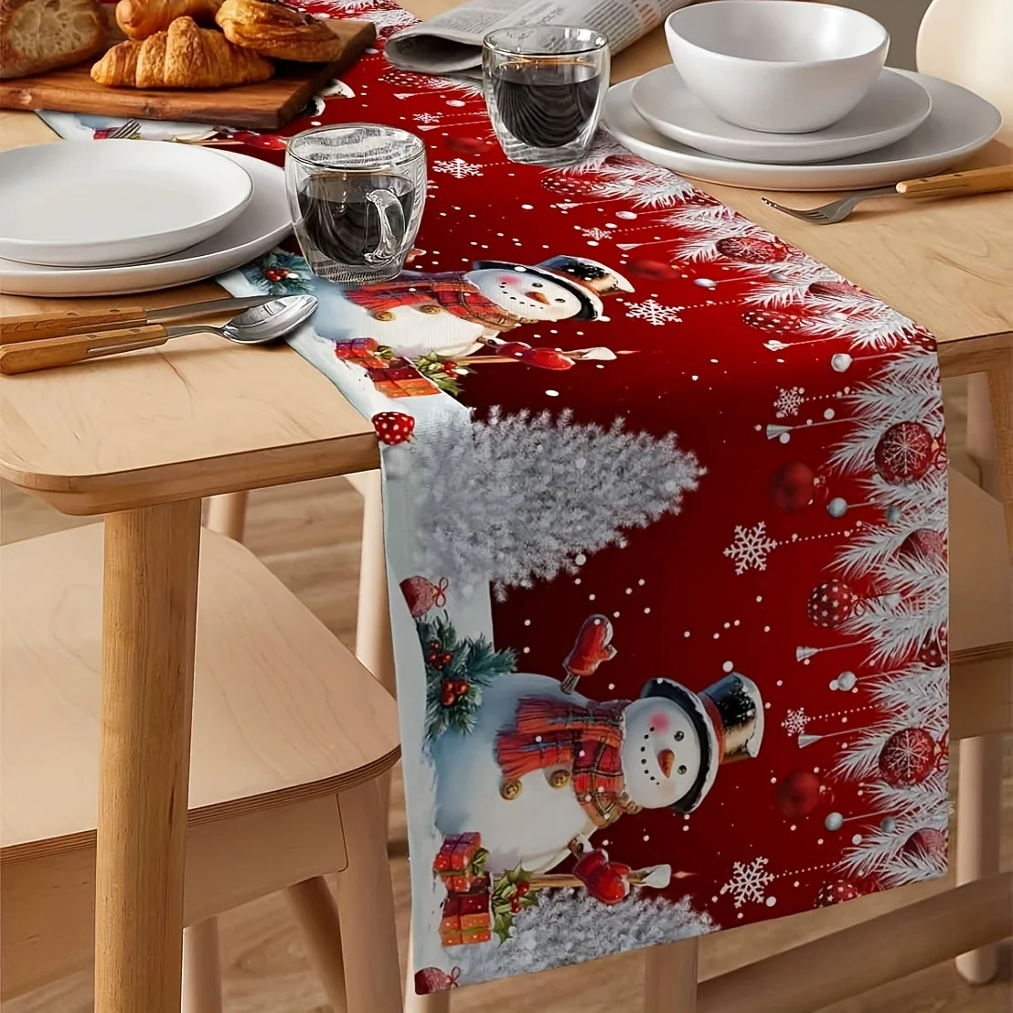 Christmas Red Linen Table Runner Snowman Xmas Decor Snowflake Red Christmas Tree Balls Silvery Cedar Leaves