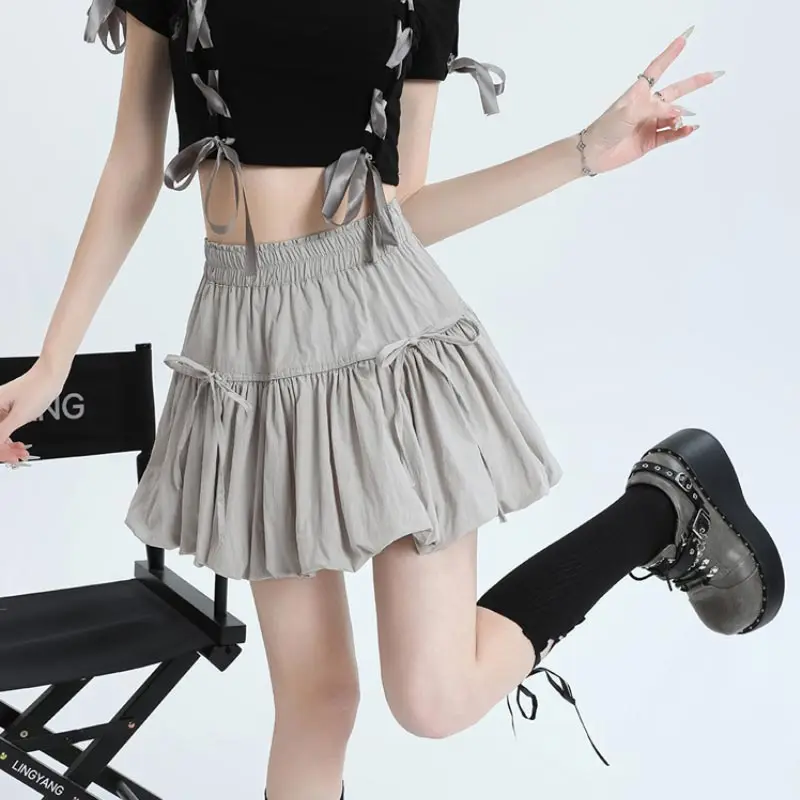 Elastic Waist A-line Lantern Skirt for Women 2024 Summer Cute Bow Bandage Shorts Skirt Casual Fashion Y2k Clothing Plus Size