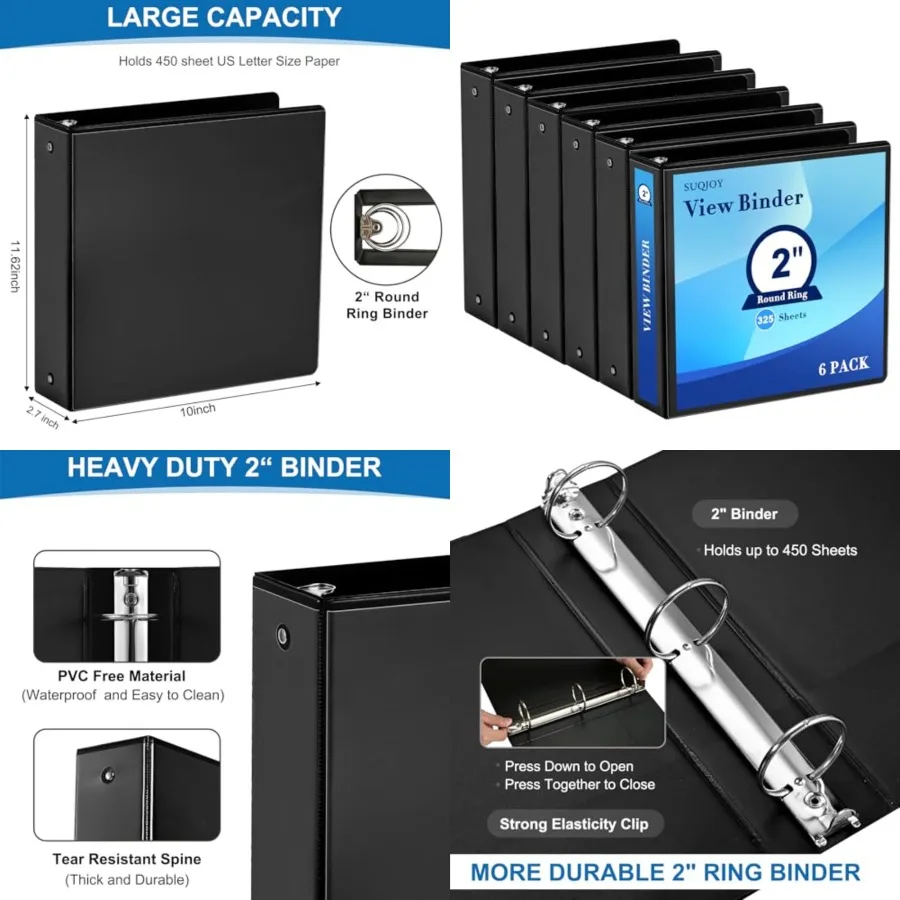 

2 Inch 3-Ring Binder, 2" Round Ring Binder with 2 Inside Pockets, 6 Pack Black Binders, Clear View Cover, Holds Up to 450 Sheet