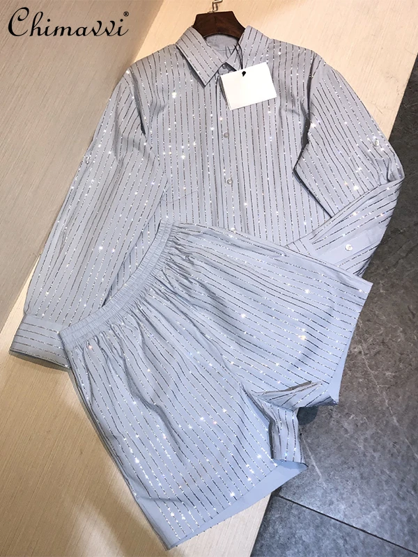 Mode-Design Heißer Bohren Gestreiften Anzug 2023 Frühling Herbst Neue Casual Lose Langarm Shirts Breite Bein Shorts Temperament 2 stücke