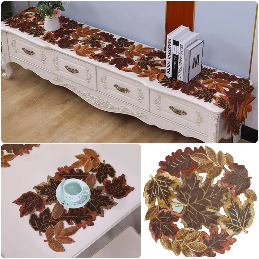 Rustic Maple Leaf Embroidered Table Runner Multicolor Leaf Pattern Tabletop Placemat Hollow Dinner Mat Fall Decoration