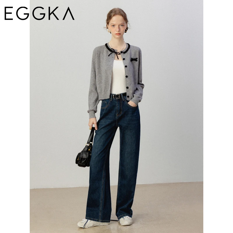 Eggka Blue Straight Jeans Women\'s 2024 Autumn Simple Slim Versatile Jeans High Waist Office Lady Trousers Female Casual Pants