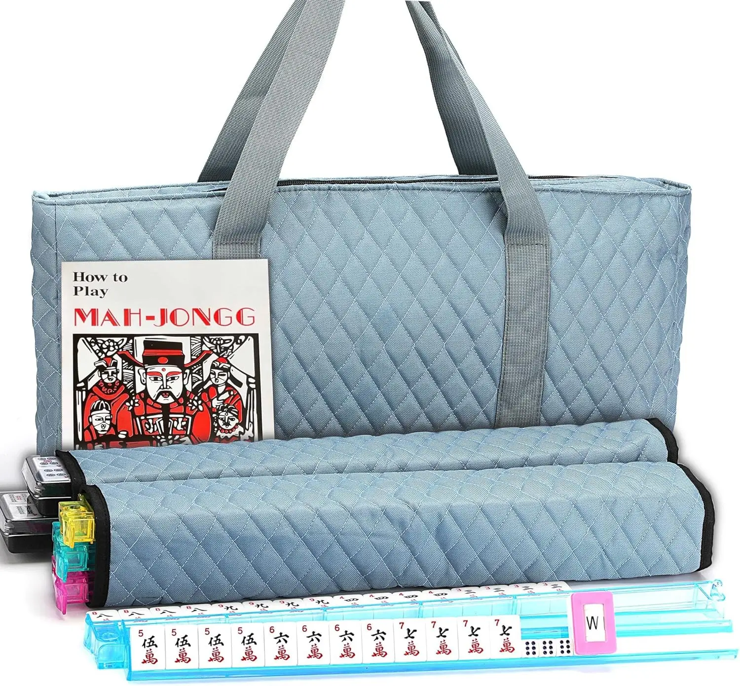 

American Mahjong Set with 166 Engraved Tiles, Pearl Gray Quilted Bag, 4 Rack/Pushers - Complete Western Game