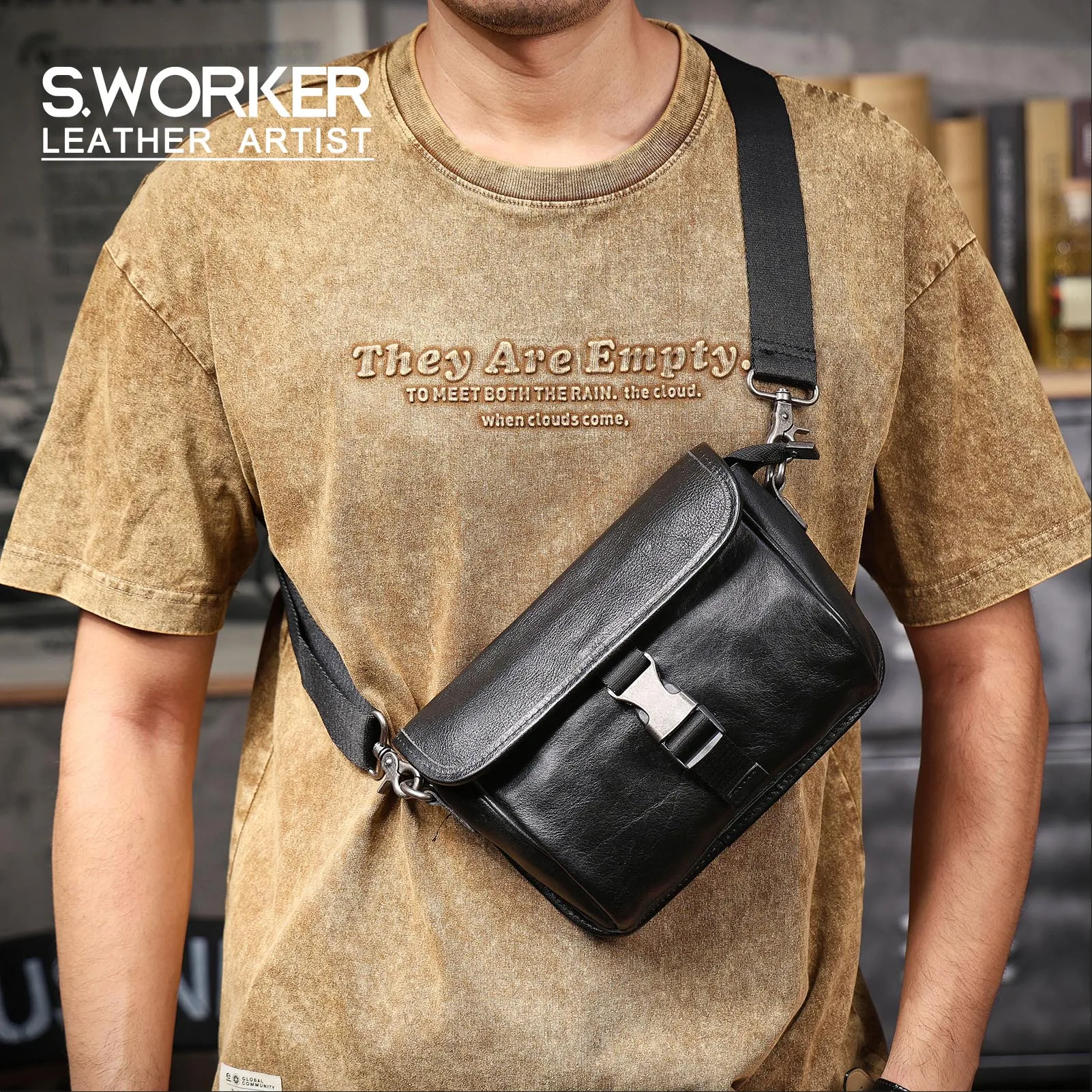 Echtes Leder Herren Casual Brusttasche Rindsleder Umhängetasche Modische Handytasche Pflanzlich Gegerbtes Gerafftes Leder – Detail 2