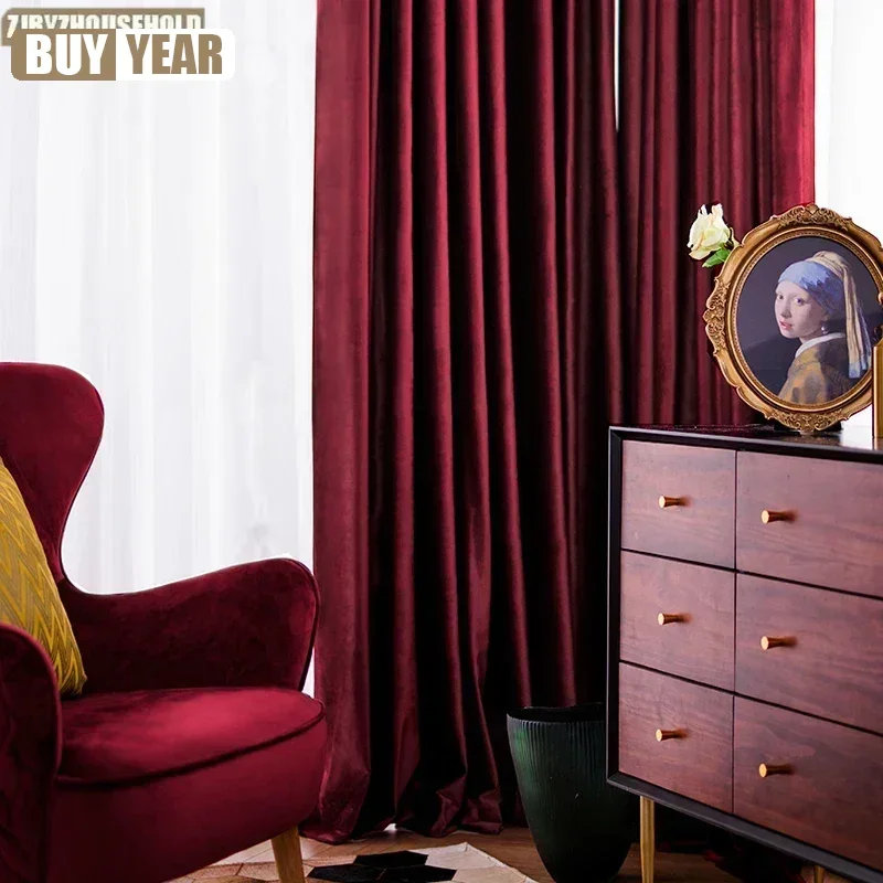 

Velvet Luxury Nordic Curtains For Living Dining Room Bedroom Fabric Burgundy Thick Curtain Tulle Customization High Shading