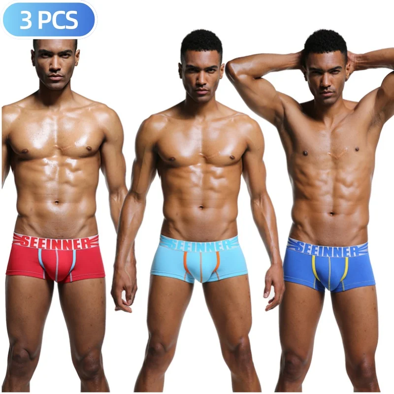 

3 шт., нижнее белье Seeinner, мужские боксеры, шорты с цифровым принтом, мужские сексуальные боксеры Cueca, хлопковые модные U-образные выпуклые трусы для геев