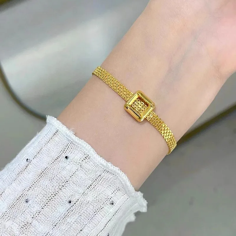 Gold Plated Woven Square Link Strap Bracelet Satin Finish Luxury Vintage Style Adjustable Jewelry for Women Everyday Wear Gift
