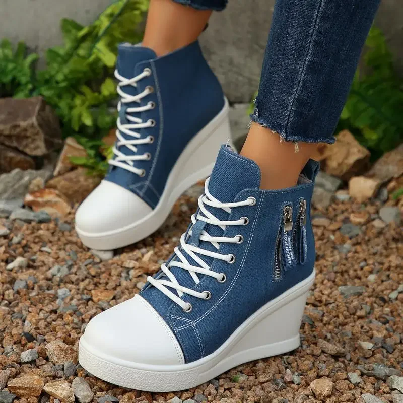 Fashion Denim Blue Canvas Shoes Women 2025 Autumn Metal Zip Decoration Lace Up Wedge Heel Pumps Casual High Heel Ankle Shoes view 4