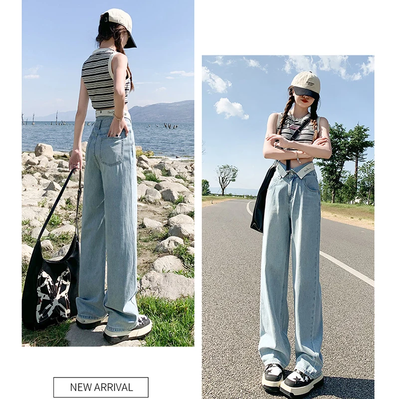 American Style Vintage Waist Lapel Y2k Baggy Jeans Women Streetwear Casual Trousers High-Waist Women's Wide Leg Denim Pants