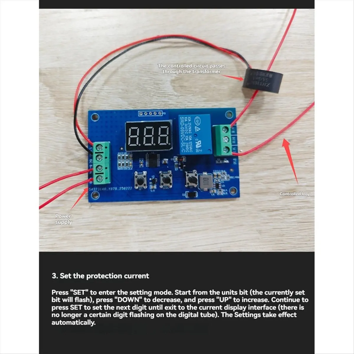 A99X 220V AC 5A Overcurrent Protection Module with Key Setting and Digital Tube Display DC8-24V for Device Protection