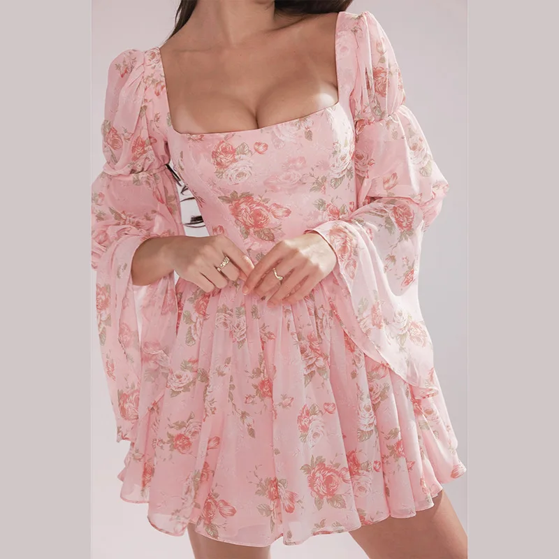 

Elegant Rose Print Dress Women Autumn Square Collar Backless Flare Sleeve Sexy French Daily Street Ruffled Pleated Short Dress