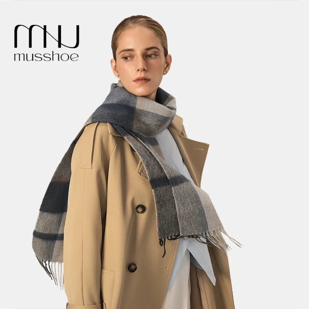 

MUSSHOE Plaid Women 100% Pure Real Scarf for Men Women Unisex Wool Shawls and Wraps Winter Thicken Pashmina Ladies Wool Scarfs