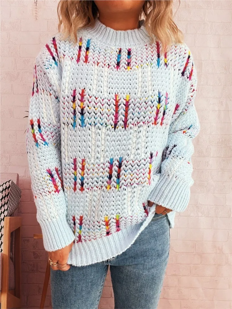 Осень и зима, новый красочный полосатый клетчатый контрастный милый стильный вязаный пуловер, женский повседневный свитер с круглым вырезом и длинными рукавами