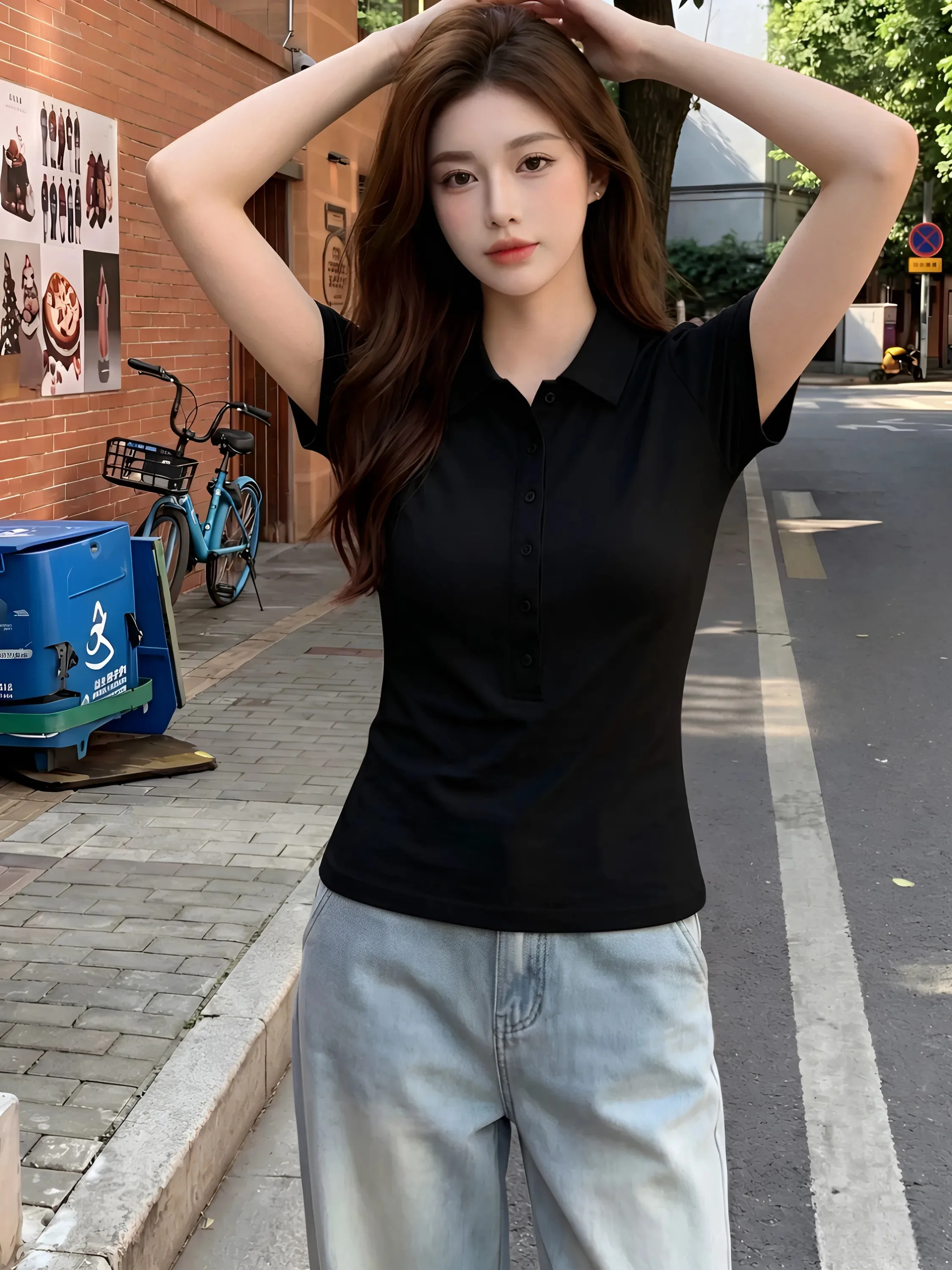 Summer  Collar Turn-down Collar Short Sleeve T-shirt Women plus Size Slimming Bodycon Top 95 Cotton Comfortable Fit