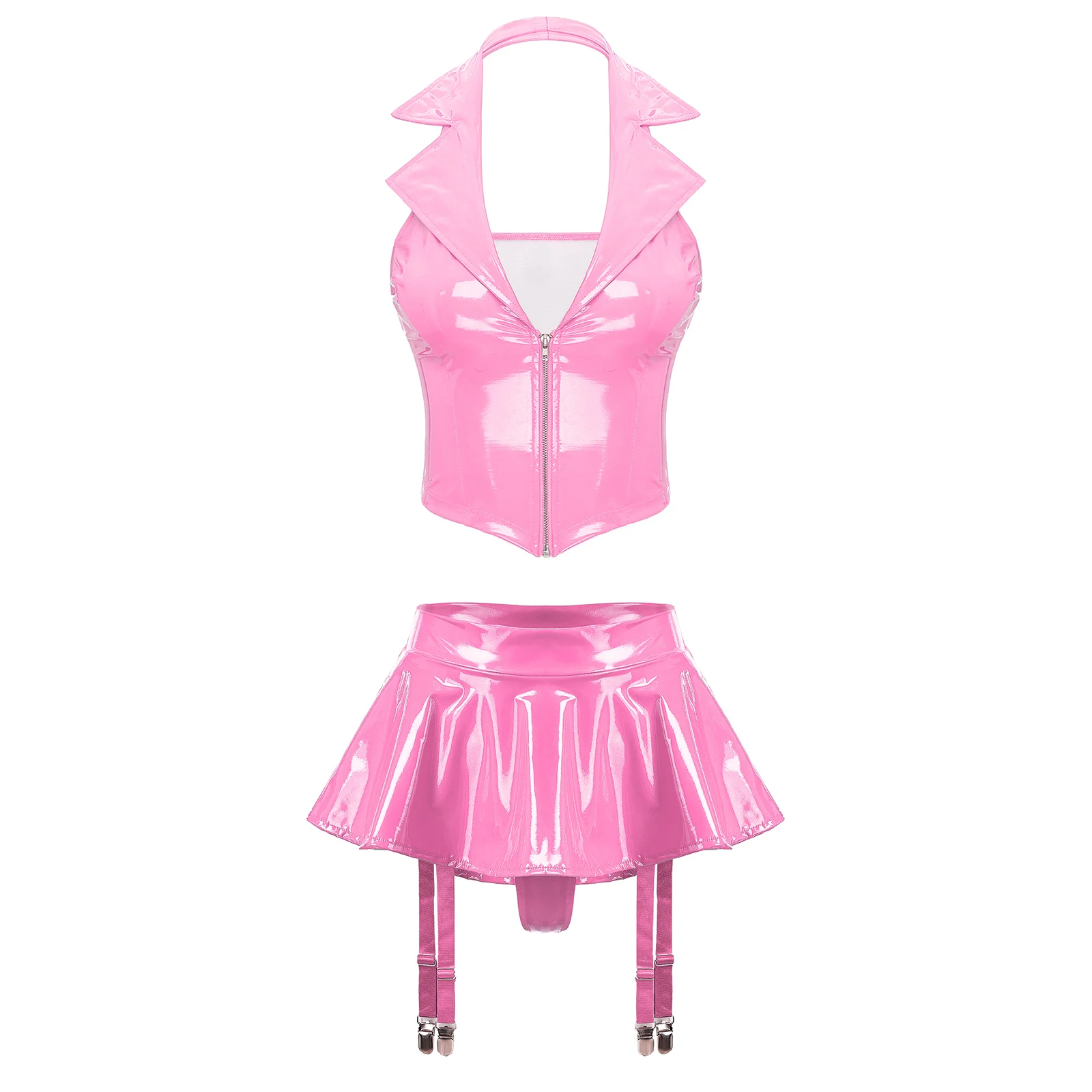 Womens Wet Look Patent Leather Latex Lingerie Set Halter Front Zipper Vest with Ruffle Miniskirt Built-in Thongs Garter Clips