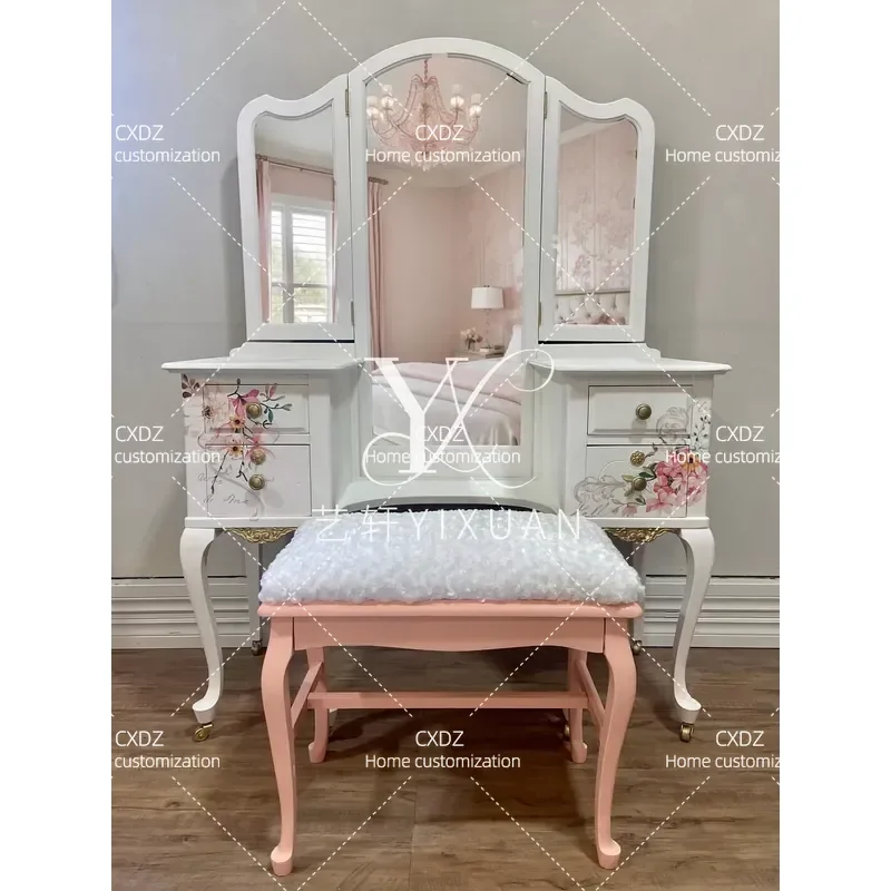 Light Luxury Hand Painted Bedroom Dressing Table American Hand Carved Makeup Table with Mirror Furniture Combination
