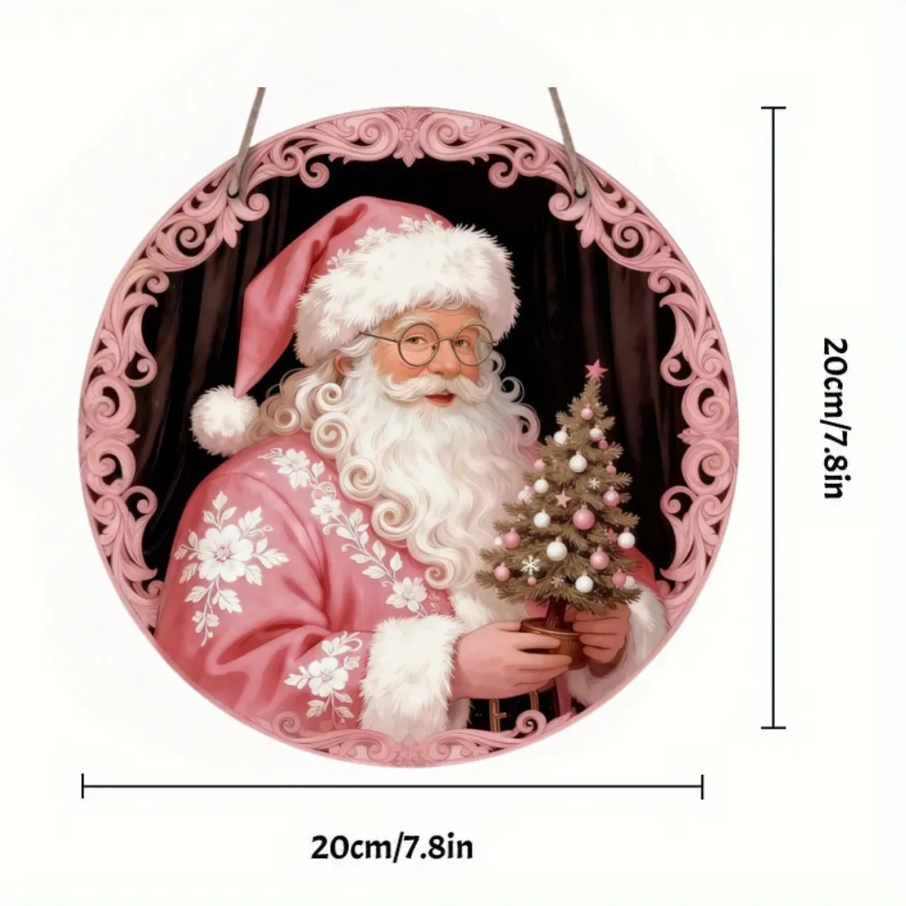 2D Pink Santa Claus Wreath - Circular Wooden Sign Suitable for Home, Living Room, Office, Bar, Caf É, Holiday Decoration, Gifts