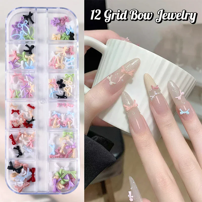 12 Grid Multiple Colors Bowknots Nail Art Charms Mini Adorable Line Bows Ties Resin Nail Decorations For DIY Earring Nail Suppli