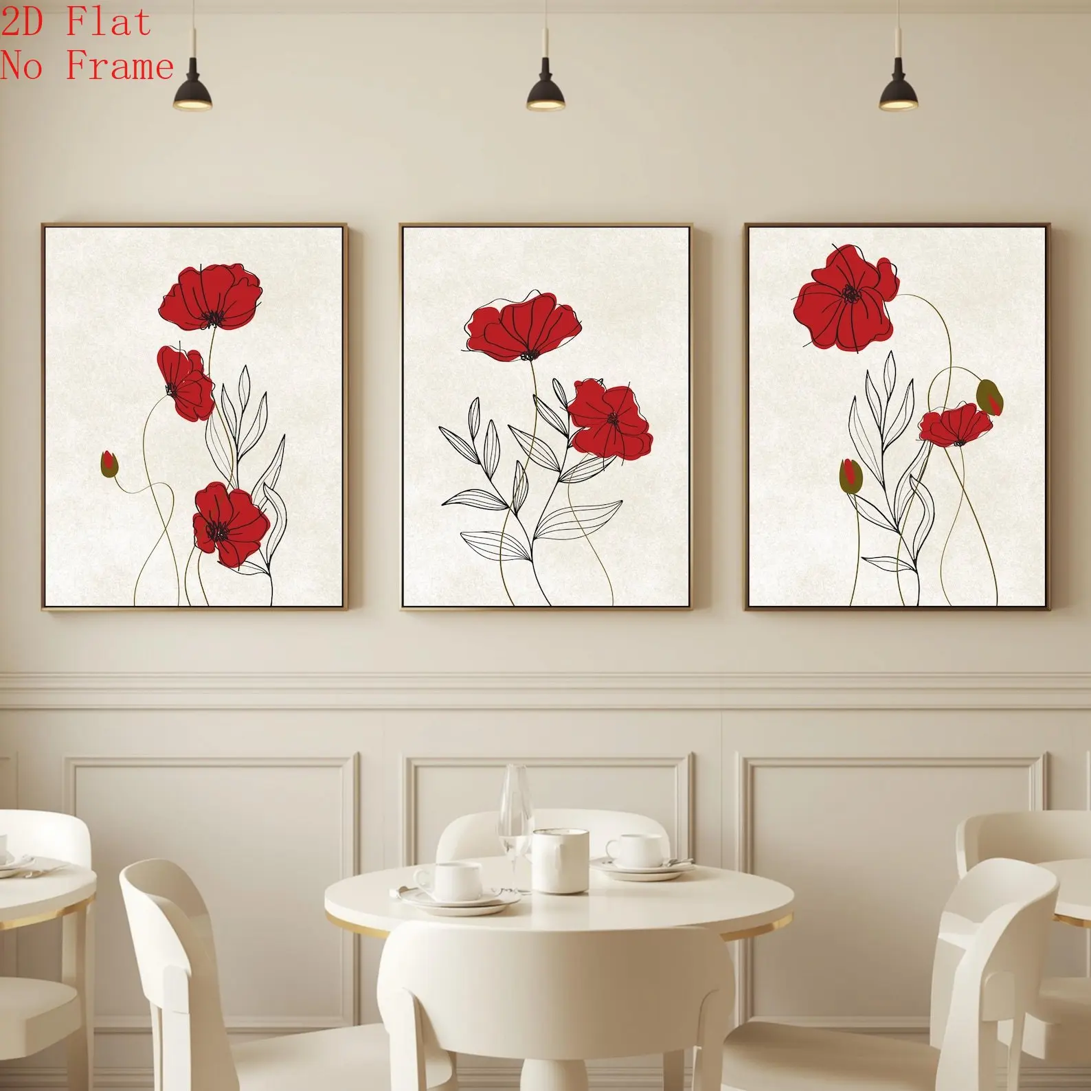 2D Flat, 3pcs Minimalist Red Poppy Flower Canvas Posters - Vertical Frameless Wall Art Suitable for Scandinavian, Decor, Bold