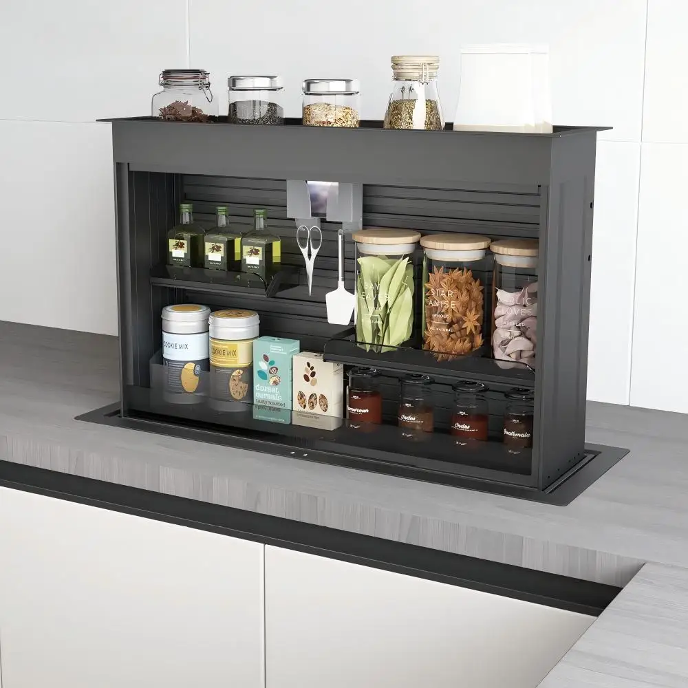 About  Modern Kitchen Countertop Hidden Drop-Down Spice Rack Motorized Lift System Acrylic for Condiment Spice Storage Kitchen