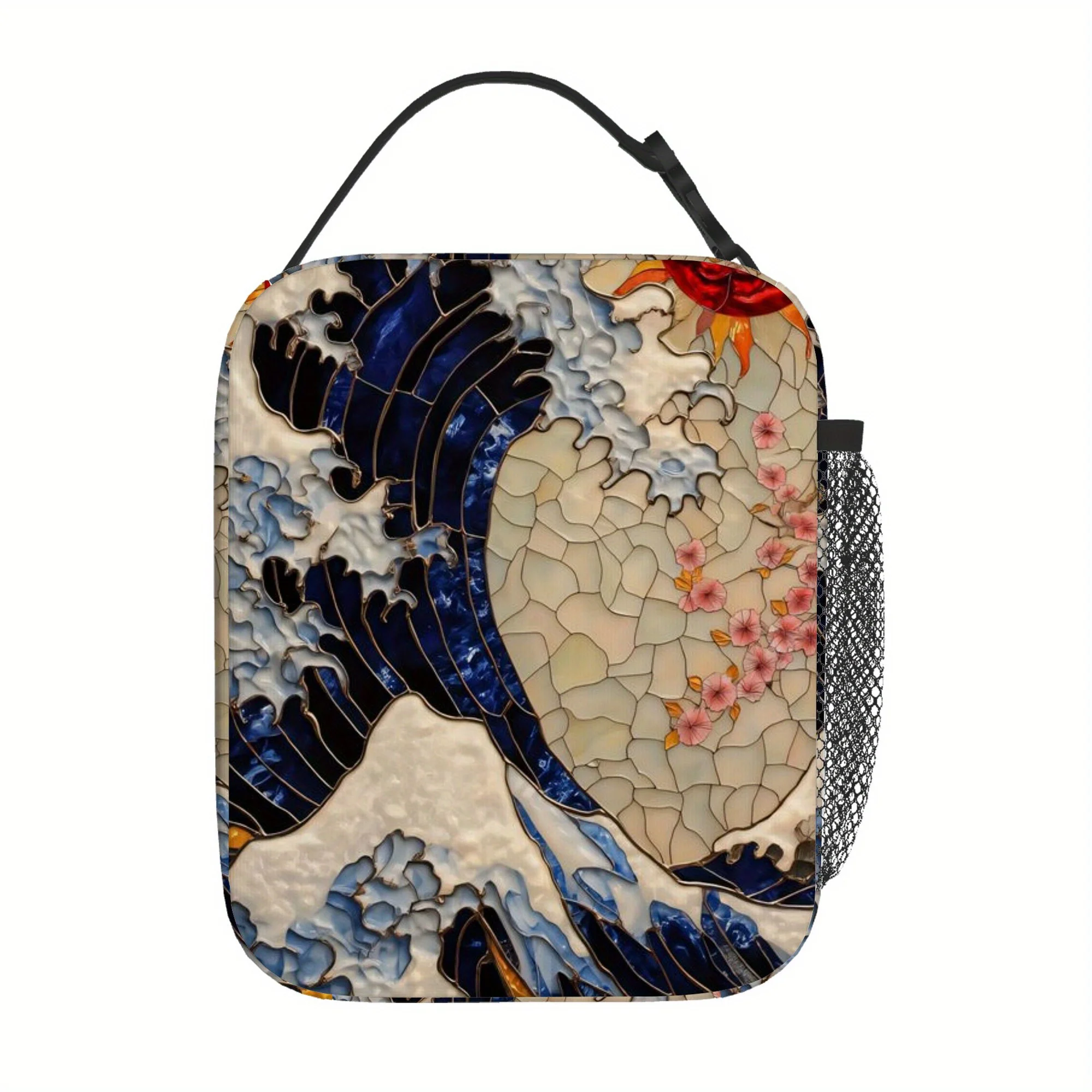 1pc, Ocean Wave with Cherry Blossoms and Sun Printed Thermal Bag Insulation Lunch Tote for Home/Restaurant Office Use - Unisex P