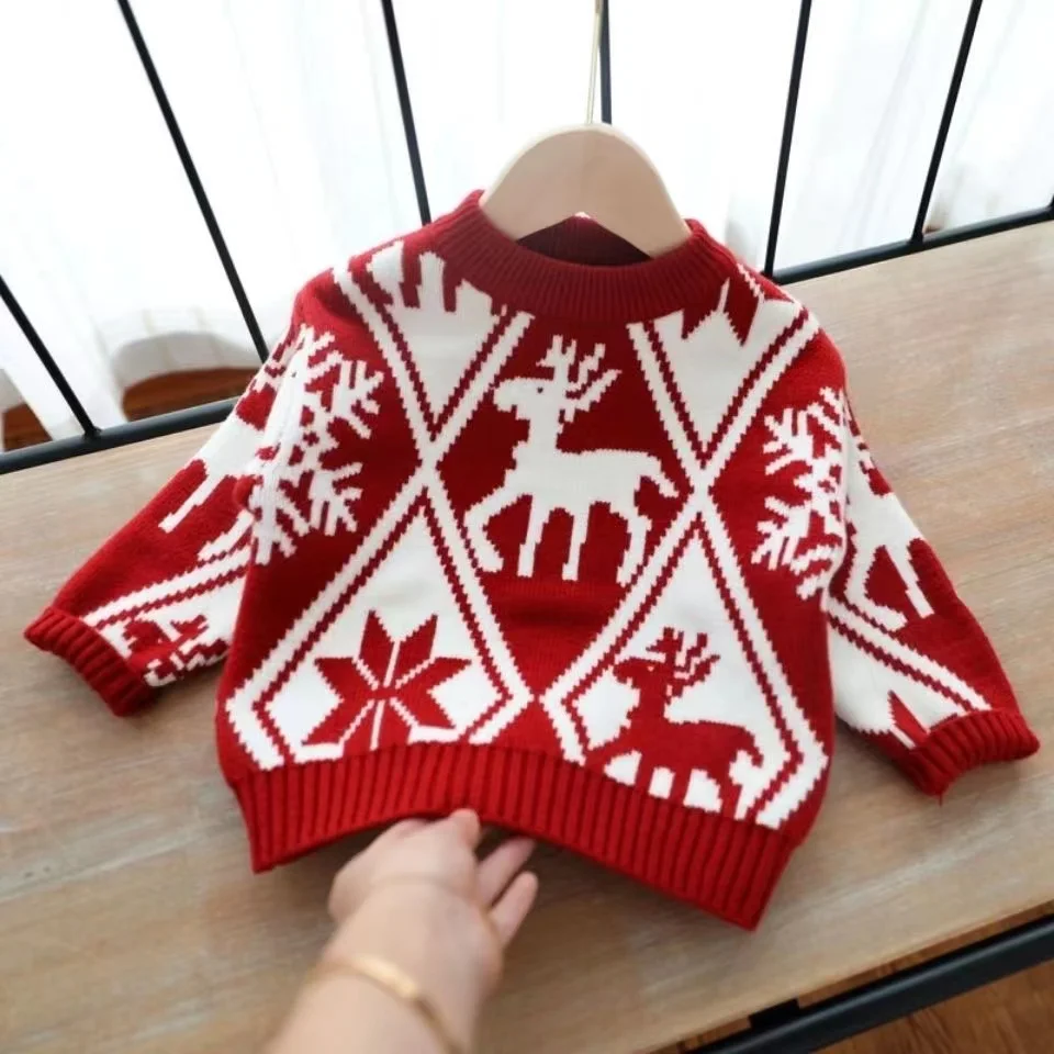 

Children's Winter Sweater New Girls Thickened Knitwear Top Boys and Girls Cartoon Pattern Warm Wool Bottom Shirt 2024 New