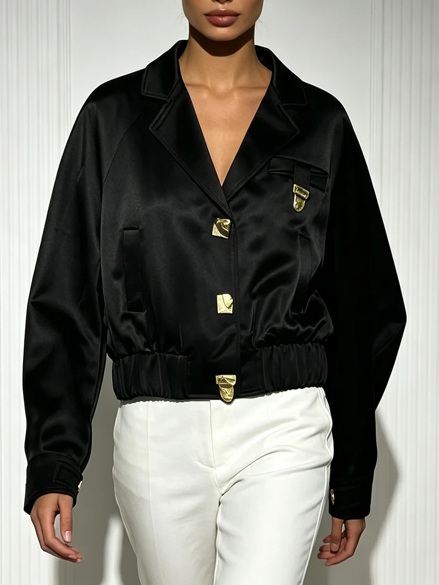 TWOTWINSTYLE Chic Lapel Cropped Jackets for Women Gold Buckle Decoration Satin Fabric Long Sleeve Elastic Hem Loose Outerwear