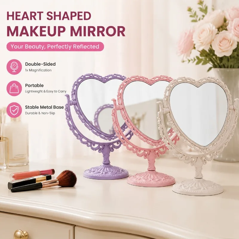 Heart Shaped Desktop Makeup Mirror Double Sided with 1x Magnification, Portable Vanity Mirror for Women, Stable Metal Base,