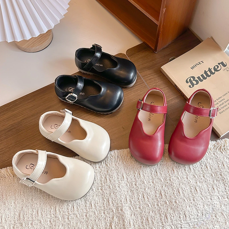 Autumn Girl's Mary Janes Pu Leather Hook-loop Daily Kid's Flat Shoe Solid Colors Anti-slip Trendy Versatile School Children Shoe