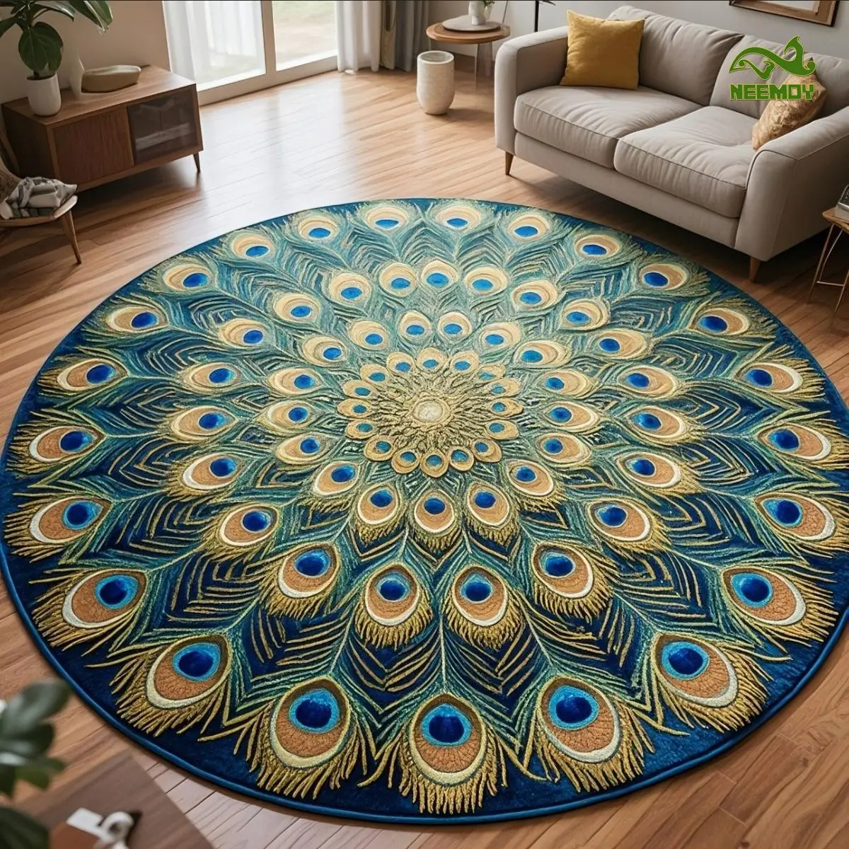 Peacock Feather Crystal Velvet Printed Round Carpet Living Room Bedroom Mat Easy Clean Festive Atmosphere Decorated Home Dec Rug