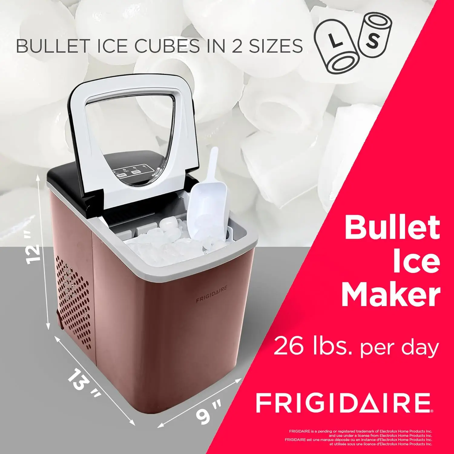 FRIGIDAIRE-Machine à glaçons avec seau en acier inoxydable, capacité de 26 lb, machine à glace, 9 cubes par 7 à 15 apprentis