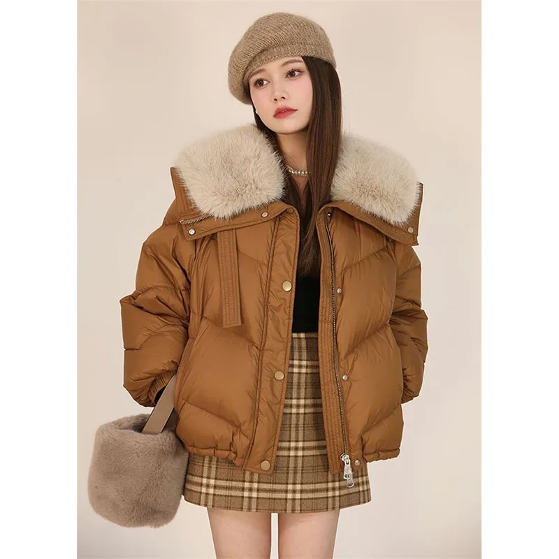 2025Winter New Puffer Jackets Women Fur Collar Down Cotton-Padded Coat Korean Short Cotton-Padded Jacket Fashion Overcoat Ladies