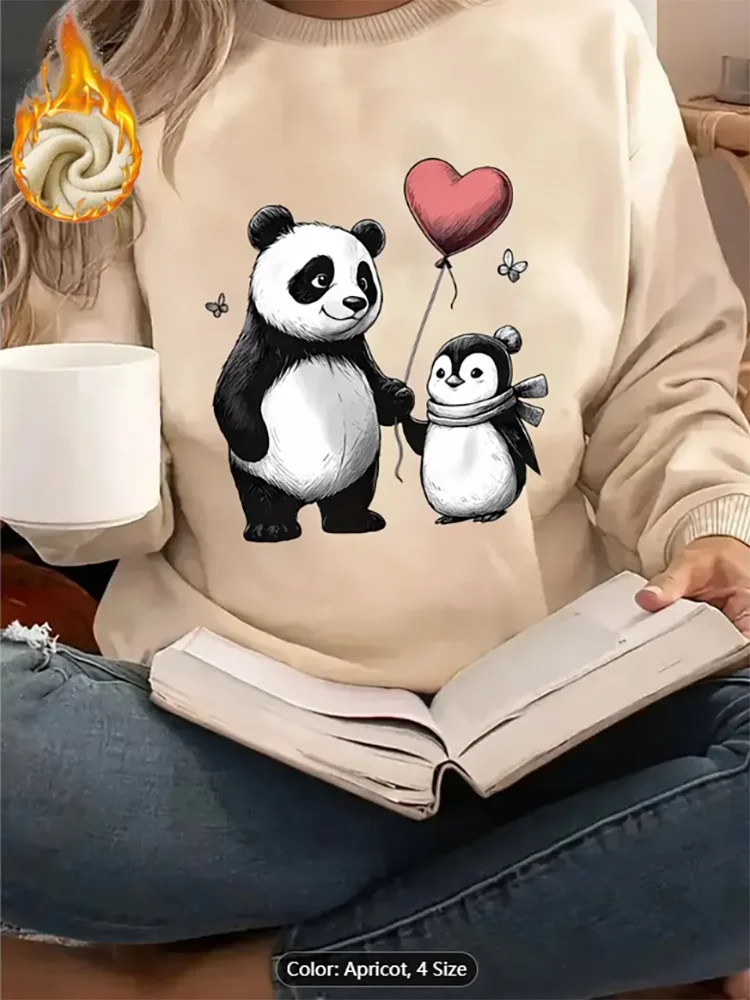 

Womens Light Grey Sweatshirt Panda Penguin Heart Balloon Graphic Print Fleece Lined Casual Oversized Pullover Top Pure Cotton