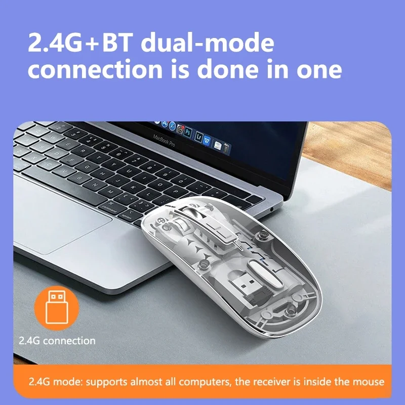 Transparent Wireless Mouse Dual Mode 2.4G Bluetooth-compatible Rechargeable Mouse Noiseless Cordless Computer Mice