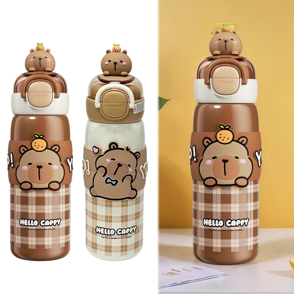 

Cute Capybara 520ml Kids Thermos Mug with Lid & Silicone Straw Kawaii Sports Water Bottle Cute Girl Milk Bottle for Kids & Girls