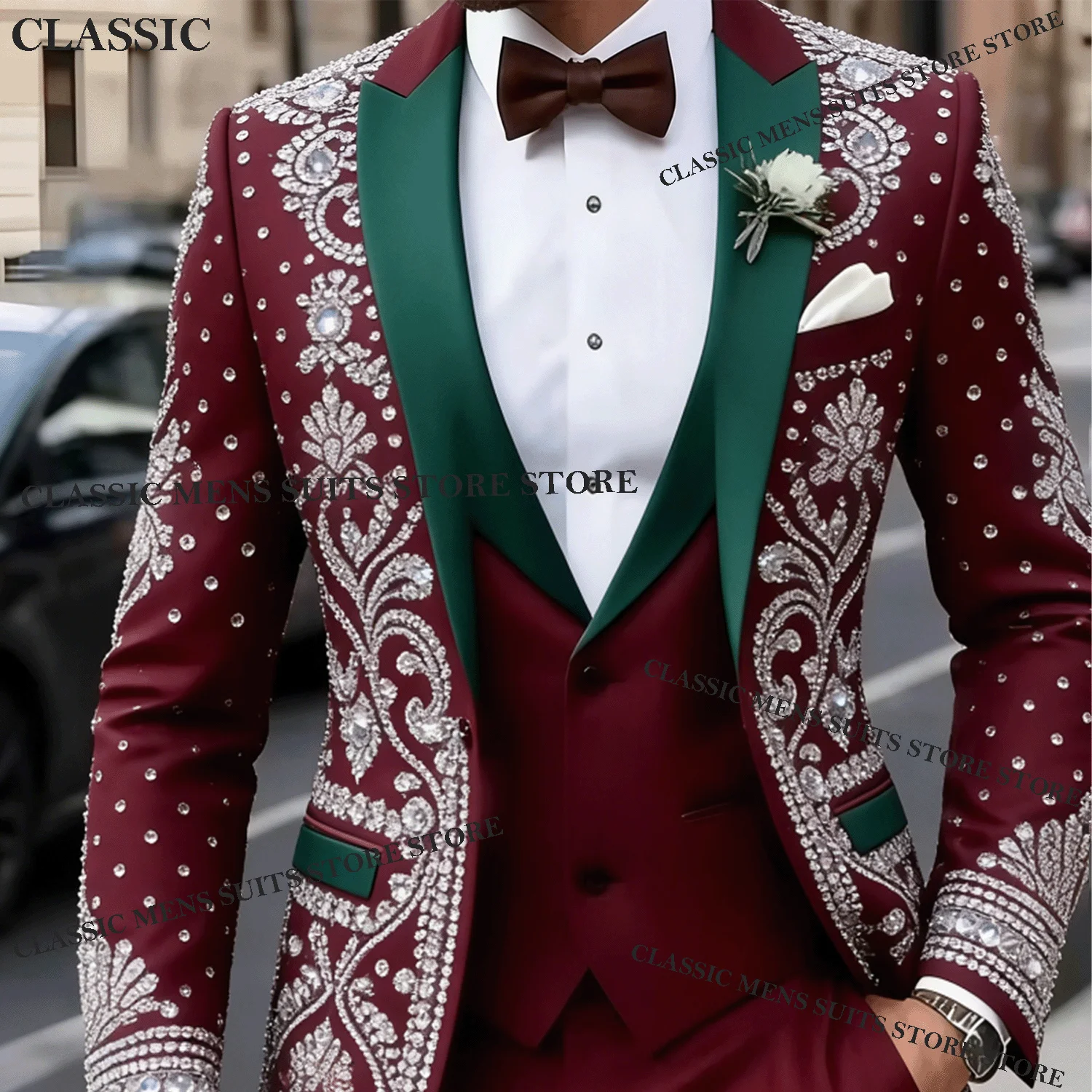 

Glitter Men Suits Rhinestone Customized Crystals Groom Tuxedos Wedding Male Party 2 Pieces Sets Blazer Peaked Lapel Ropa Hombre