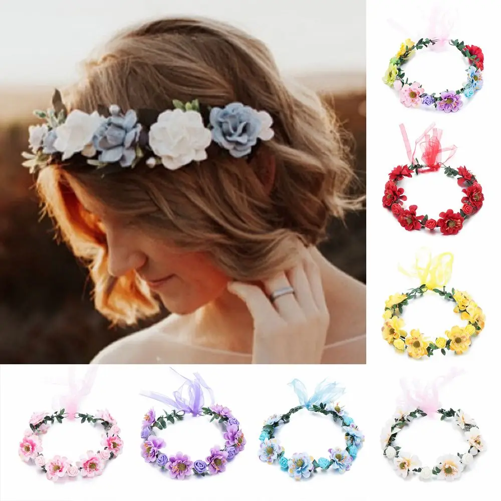 Flowers Leaves Headbands with Adjustable Ribbon Rose Flower Crown Bridal Halo Headpiece Girls Floral Wreath Bohemia Garland