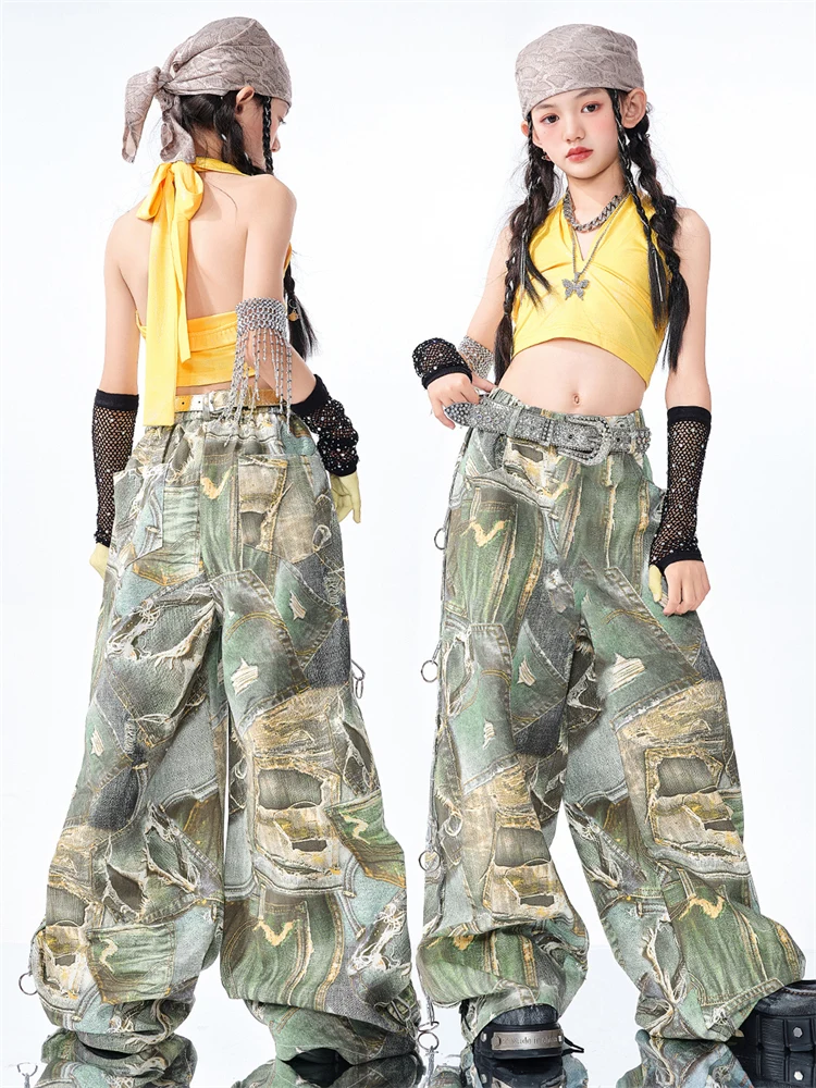 Hip Hop Mädchen Kleidung Kinder Jazz Street Dance Kostüm Gelb Glänzende Weste Grün Grüne Hose Hose für Kinder Performance Outfit