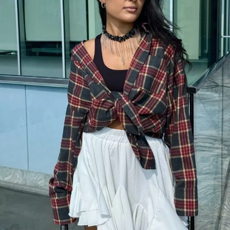 

Женские рубашки-пальто с отложным воротником и принтом в клетку с длинным рукавом, однобортные, свободные, повседневные, элегантные, блузки, осенние рубашки