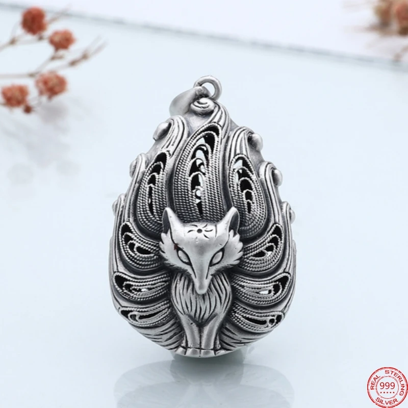 S999 Sterling Silver Pendants for Women New Fashion Hollow Argentum Silk Nine-tailed Little-fox Jewelry Wholesale