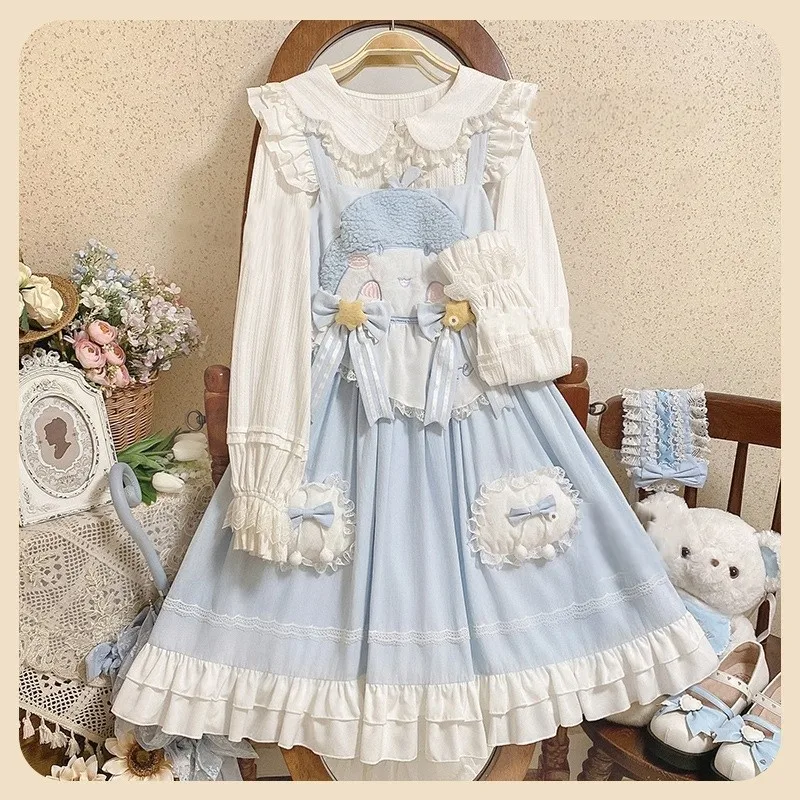 Japanese Kawaii Lolita JSK Dress Women Sweet Embroidery Princess Sleeveless Dress Girly Party Blue Strap Dresses Soft Girl