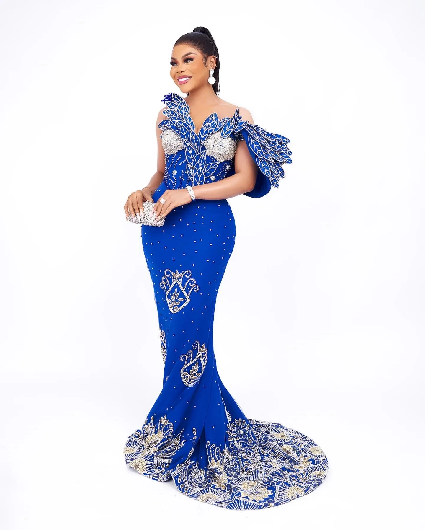 Aso Ebi Women Dresses Special Occasions Mermaid Evening Gowns Off Shoulder Royal Blue Elegant Beaded Long Prom Dress Leaves