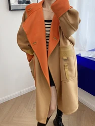 New Orange Cashmere Water Ripple Double Sided Cloth Coat Silhouette Long Fall Winter Coat Women