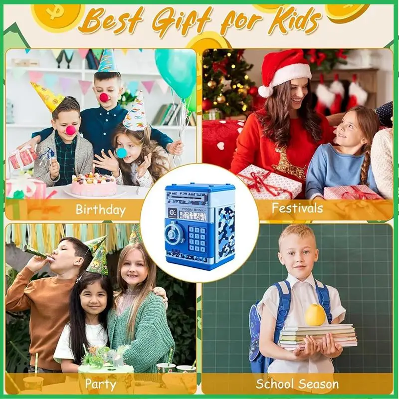 

Банкомат-копилка для мальчиков и девочек, копилка для банкоматов с паролем, для взрослых с автоматическим захватом, слот для купюр, синий, прочный