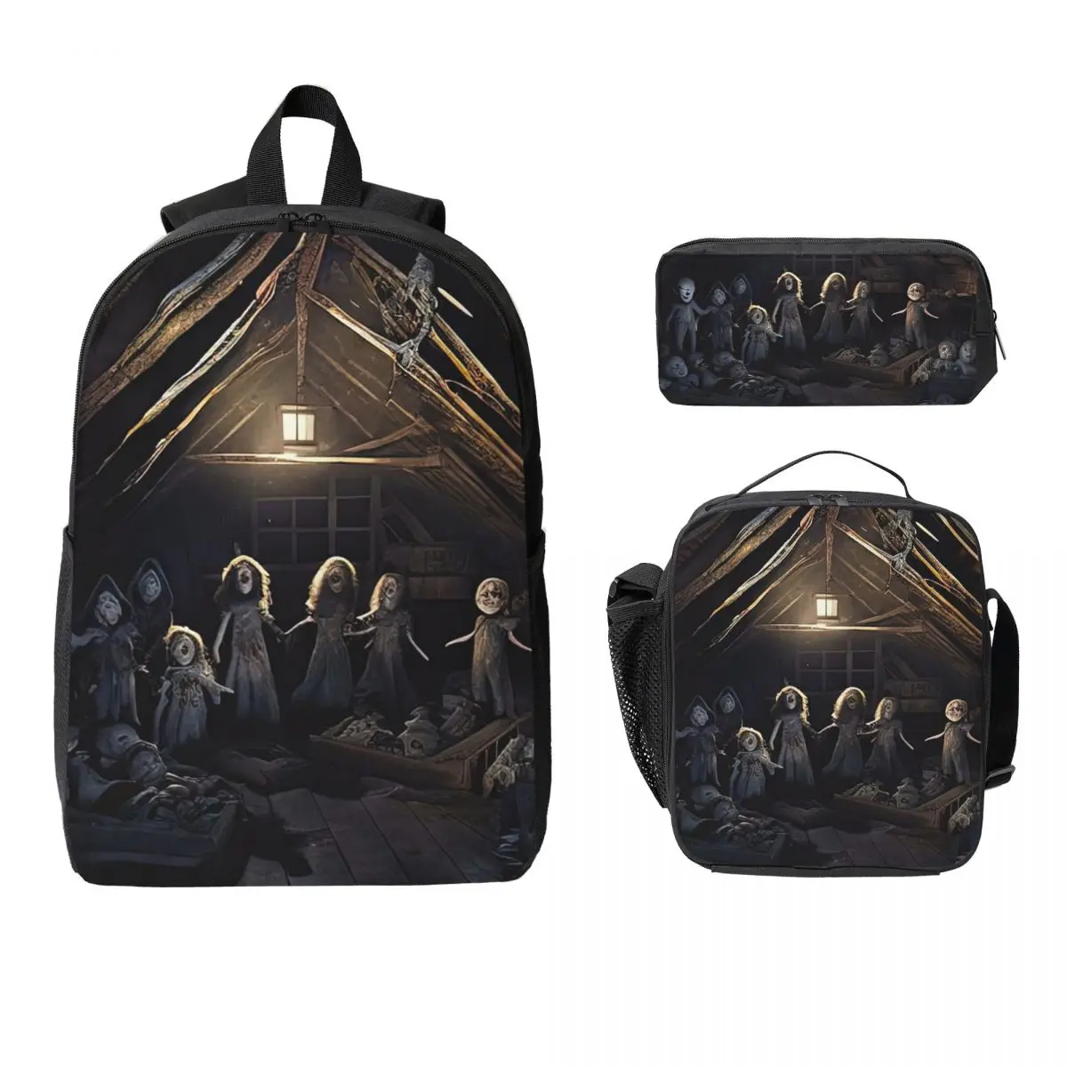

Haunted Attic With Possessed Creepy Dolls Backpack Student BookBag School Bag Shoulder Bags 3ps Insulated Lunch Bag Pencil Case